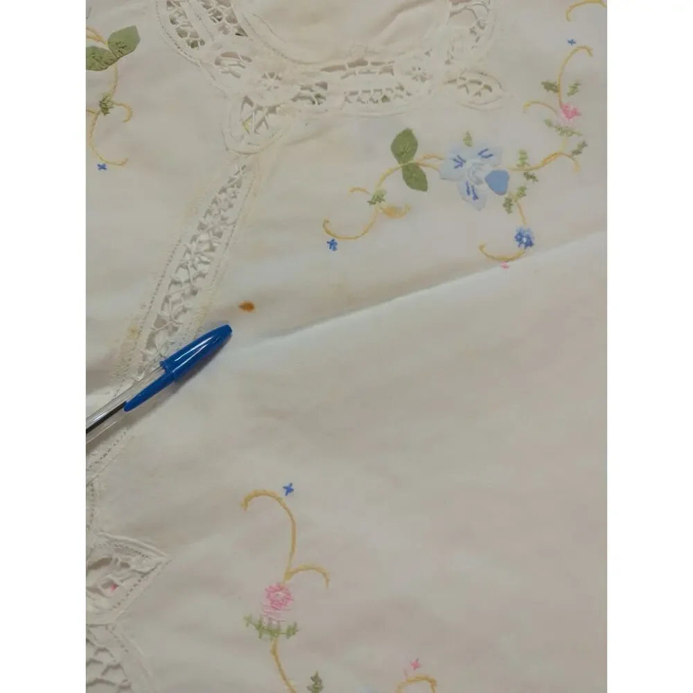 Vintage Hand-Embroidered & Cutwork Lace White Oval Tablecloth - Pastel Florals